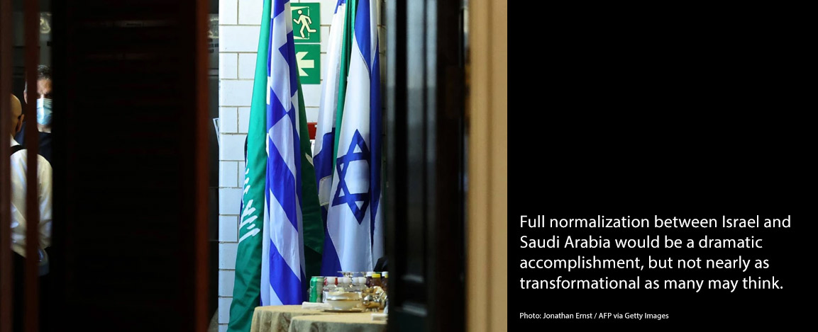 Flags of Saudi Arabia and Israel stand together in a kitchen staging area as U.S. Secretary of State Antony Blinken holds meetings at the State Department in Washington on Oct. 14, 2021. 