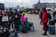 Ukrainians who fled fighting in various parts of the country at the train station in Lviv, in western Ukraine, on Wednesday.Credit...Brendan Hoffman for The New York Times