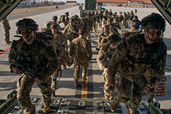 US paratroopers of 2nd Battalion, 503rd Infantry Regiment depart Italy's Aviano Air Base for Latvia, 23 February 2022. Thousands of US troops were deployed to Eastern Europe amid Russia's military build-up.