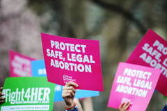 People attend a "Fight4Her" pro-choice rally in front of the White House at Lafayette Square in March 2019. A coalition of NARAL Pro-Choice America, Planned Parenthood, and Population Connection Action Fund gathered to demand the end of the "Global Gag Rule."ASTRID RIECKEN/GETTY IMAGES