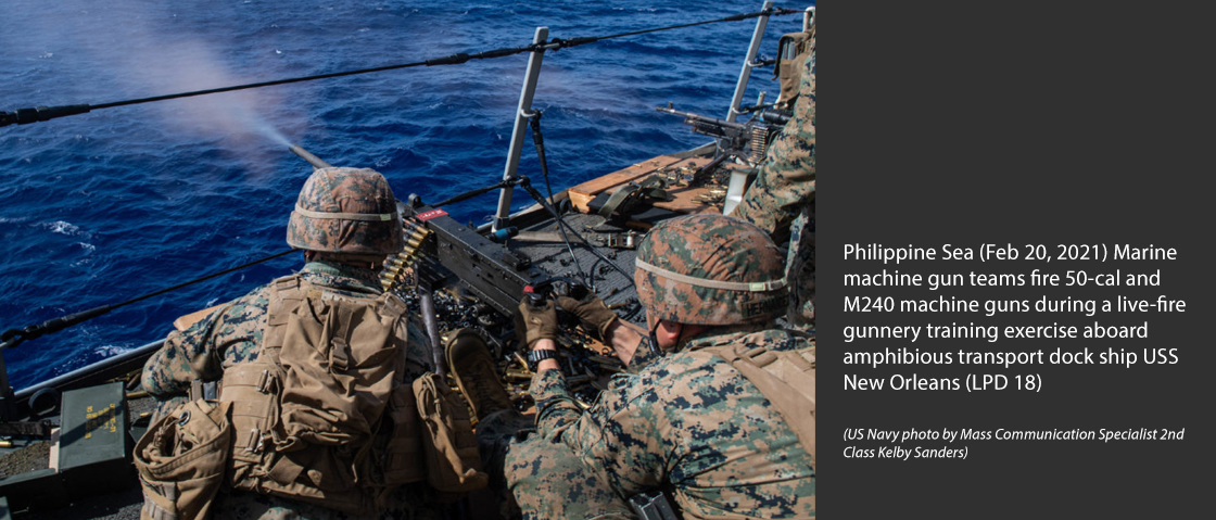 PHILIPPINE SEA (Feb. 20, 2021) Marine machine gun teams fire 50-cal and M240 machine guns during a live-fire gunnery training exercise aboard amphibious transport dock ship USS New Orleans (LPD 18)