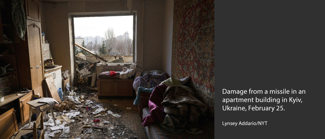 Damage from a missile in an apartment building in Kyiv, Ukraine, Feb. 25.LYNSEY ADDARIO/NYT