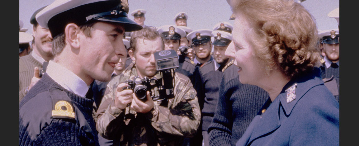 Prime Minister Margaret Thatcher meets personnel aboard HMS Antrim during her visit to San Carlos Water on January 1, 1983. (Reuters)