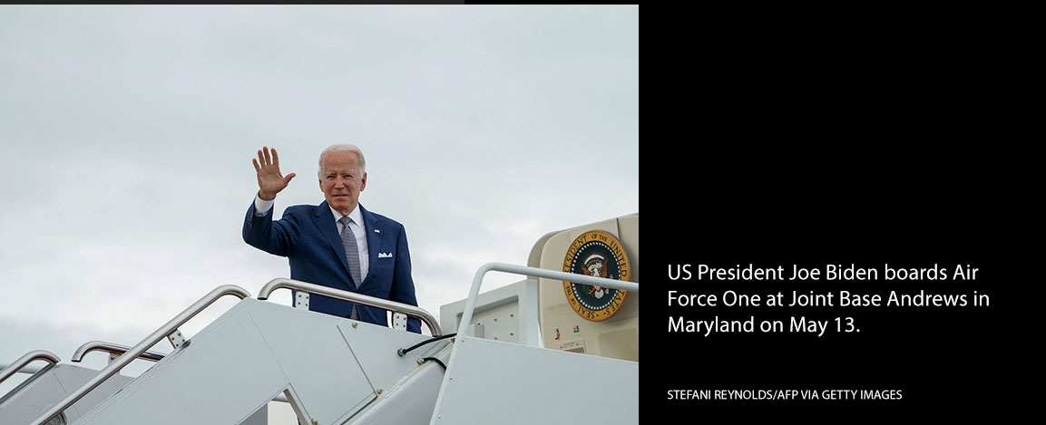 US President Joe Biden boards Air Force One at Joint Base Andrews in Maryland on May 13. STEFANI REYNOLDS/AFP VIA GETTY IMAGES