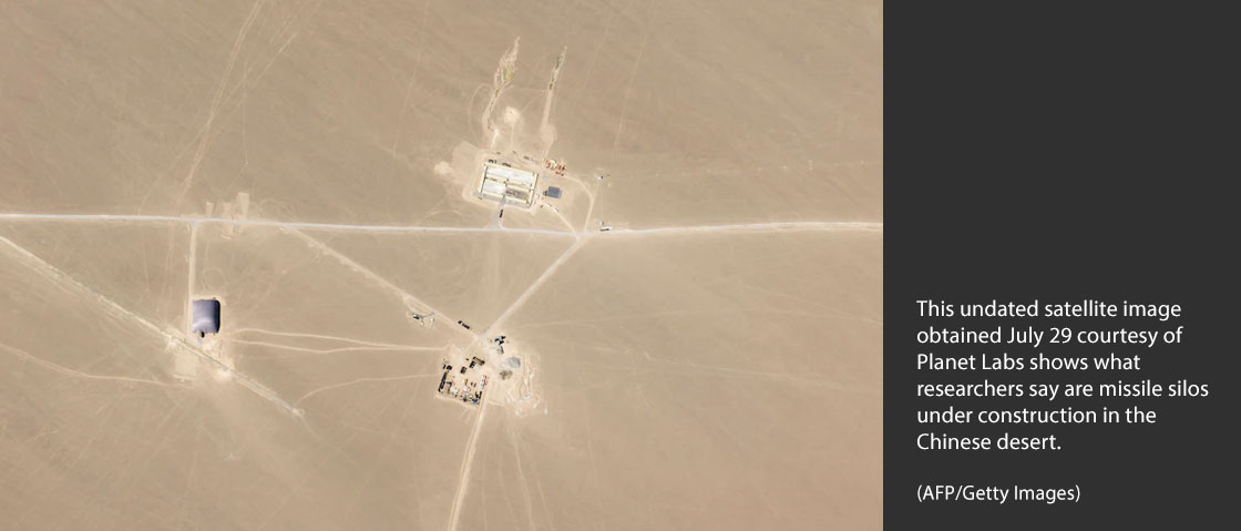 This undated satellite image obtained July 29 courtesy of Planet Labs shows what researchers say are missile silos under construction in the Chinese desert. (AFP/Getty Images)
