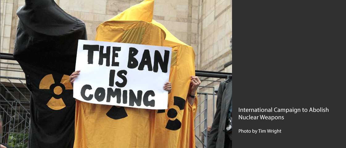 Photo of protester for the International Campaign to Abolish Nuclear Weapons
