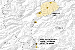 Map of China and Bhutan showing the disputed area and where the construction is occurring
