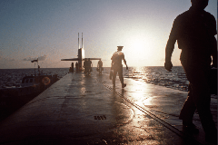 September 30, 1987 – Crew members prepare to go ashore from an Ohio class nuclear-powered ballistic missile submarine (National Archive photo by PH1 Harold J. Gerwien)