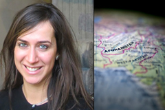 Fotini Christia headshot next to a map of Afghanistan