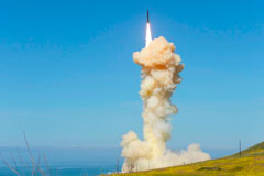 In the first test of its kind, the Pentagon on March 25, 2019, carried out the “salvo” intercept of an unarmed missile soaring over the Pacific, using two interceptor missiles launched from underground silos in California. (AP)