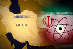 Map of Iran with the flag and nuclear symbol