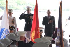 U.S. Pacific Command head Admiral Harry Harris (L); General Joe Dunford, Chairman of the Joint Chiefs of Staff (2nd L); Defense Secretary Jim Mattis and Admiral John Richardson (R) attend a change of command ceremony in Pearl Harbor, Hawaii, May 30, 2018