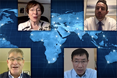 Head shots of Suzanne Berger, Peter Krause, Yasheng Huang, Chap Lawson on globe map background