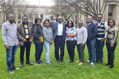 Caption:Empowering the Teachers spring 2022 cohort with MIT Professor Tayo Akinwande (center) at Killian Court.