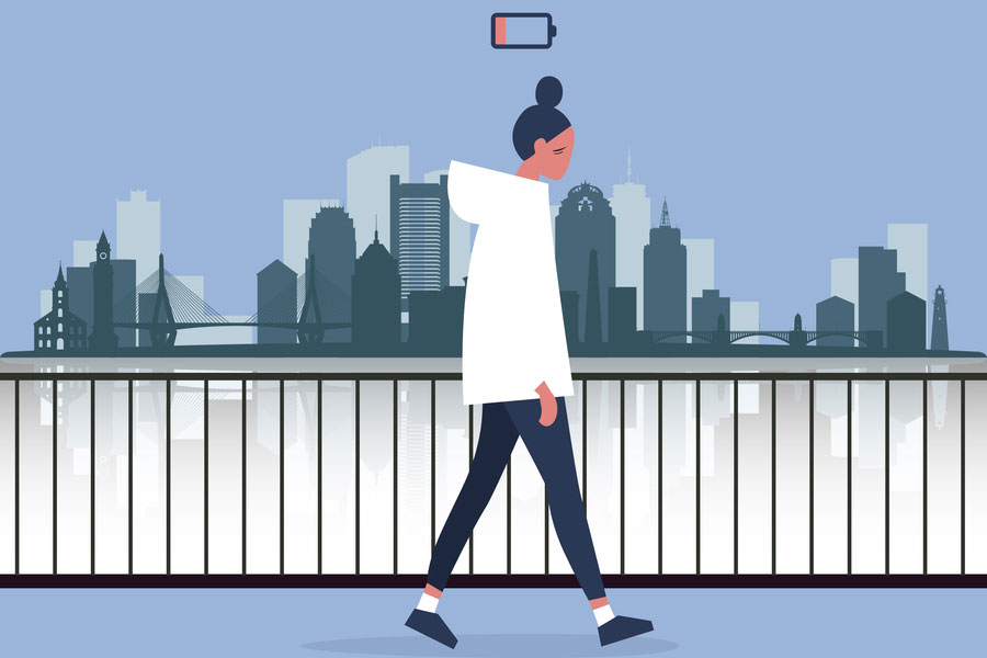 A new study indicates that a lack of sleep affects how well we control our stride, or gait. Credits: Image: Christine Daniloff, MIT; stock image of cartoon woman walking without energy