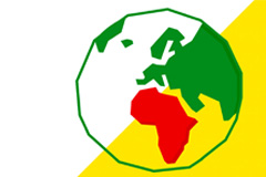 Green outline of globe with Africa highlighted in red, yellow triangle in background