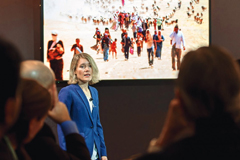 Many MIT faculty members, such as Jessika Trancik (pictured above presenting her research on energy technologies in Davos, Switzerland), look to the MIT International Policy Lab for assistance in translating their findings into the language of policy. Photo: World Economic Forum, 2017 