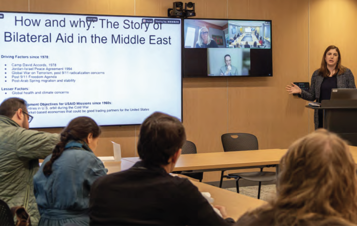 Dafna Rand speaking at a lunchtime seminar sponsored by the MIT-MENA Program.