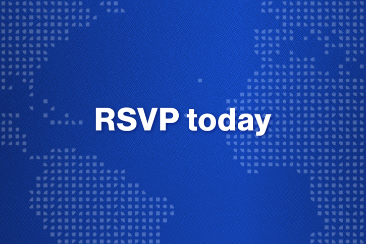 White text "RSVP today" on a pixelized map of the world on a dark blue gradient background