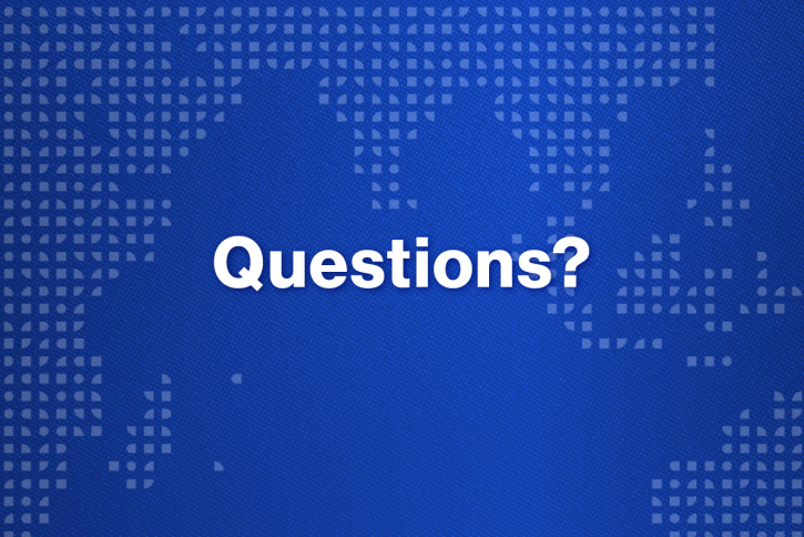White text "Questions?" on a pixelized map of the world on a dark blue gradient background