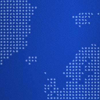 A pixelized map of the world on a dark blue gradient background